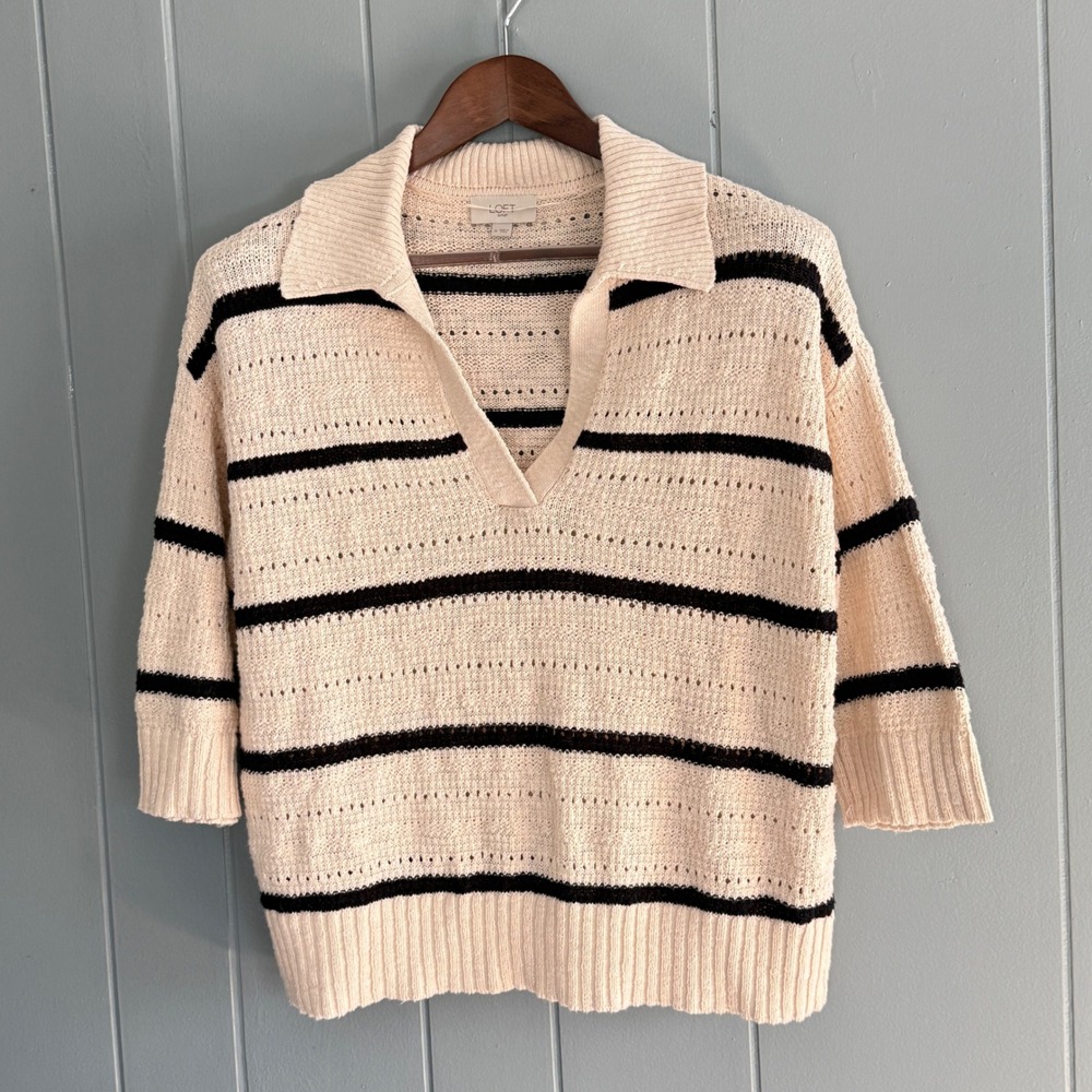 LOFT Outlet Womens Medium Striped Pointelle Polo Sweater Cream Black Cotton